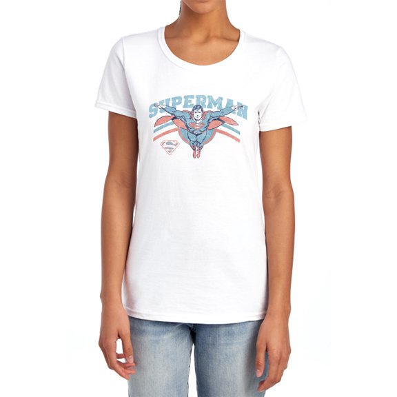 Superman Flying Stripes Women's T Shirt, White, Large