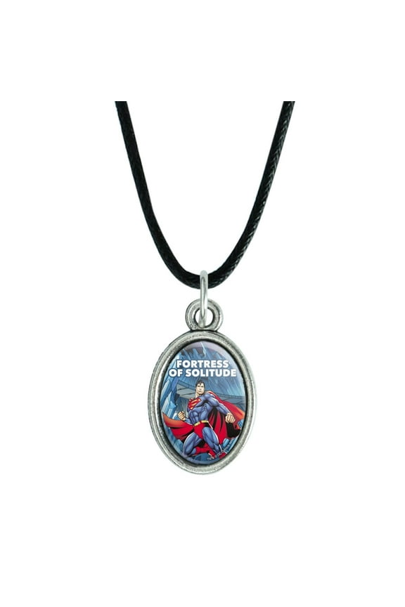 Superman Fortress of Solitude Antiqued Oval Charm Pendant with Black Satin Cord