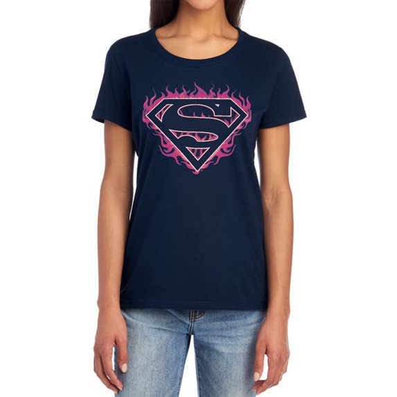 Superman Fuchsia Flames Women's T Shirt, Navy, Large