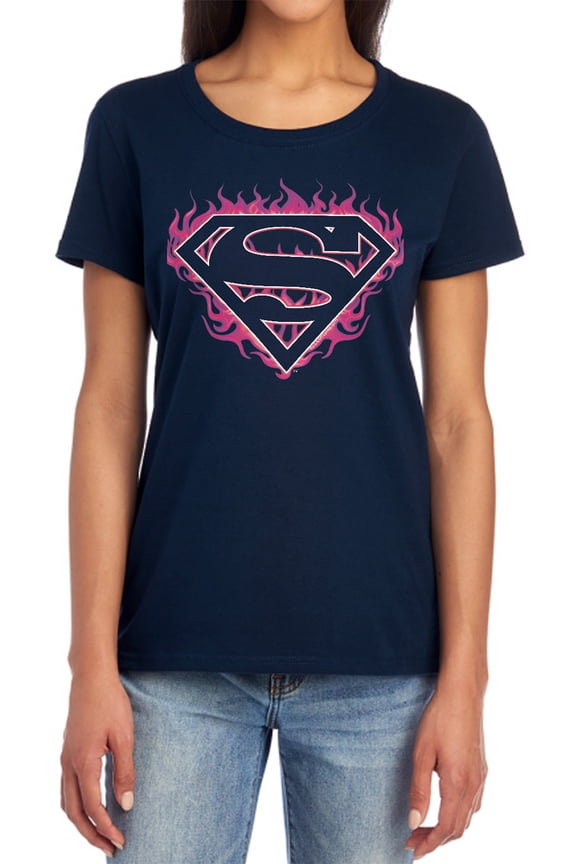 Superman Fuchsia Flames Women's T Shirt, Navy, Medium