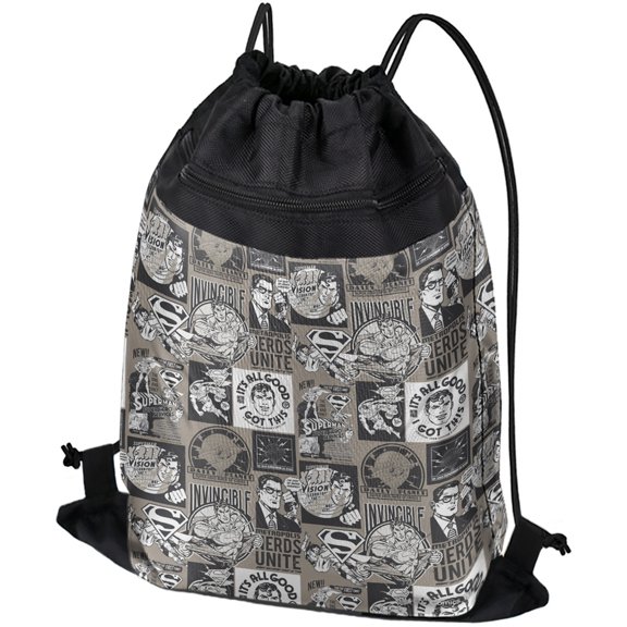 Superman Grey Pattern Drawstring Backpack Sports Bag Sackpack 17" x 13", Perfect for Gym, Yoga or Practice