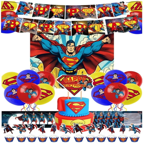 Superman Happy Birthday Decorations Set, Superhero Birthday Banner Background Board Table Decorations Hanging Party Decorations for Children