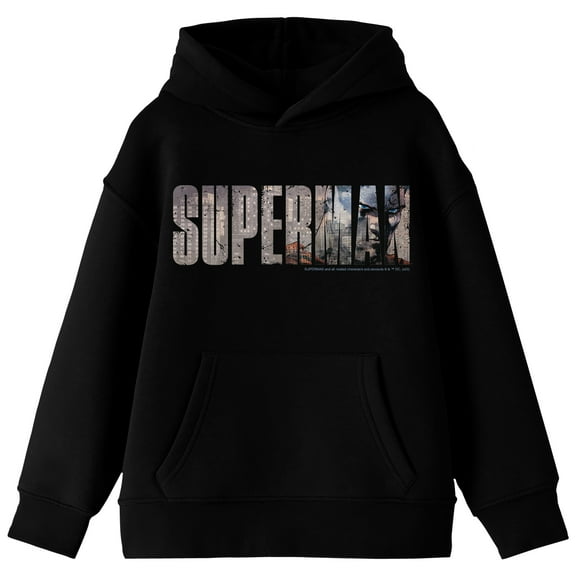 Superman Hero In Text Art Long Sleeve Youth Black Hooded Sweatshirt-Medium