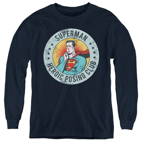 Superman Heroic Posing Club Youth Long Sleeve T Shirt, Navy, Large