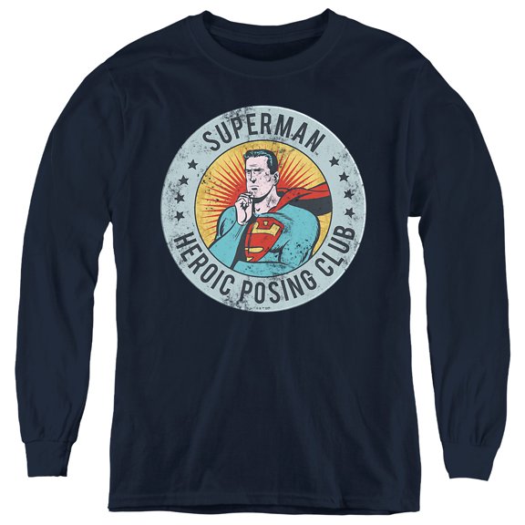 Superman Heroic Posing Club Youth Long Sleeve T Shirt, Navy, Medium