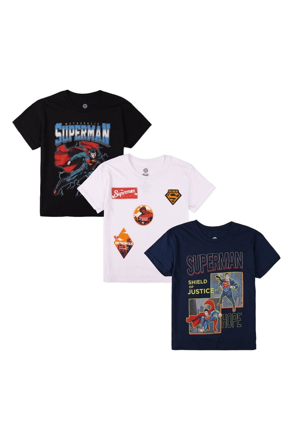 Superman Lightning Boy's 3-Pack Crew Neck Short Sleeve T-shirt Set-Large (10/12)