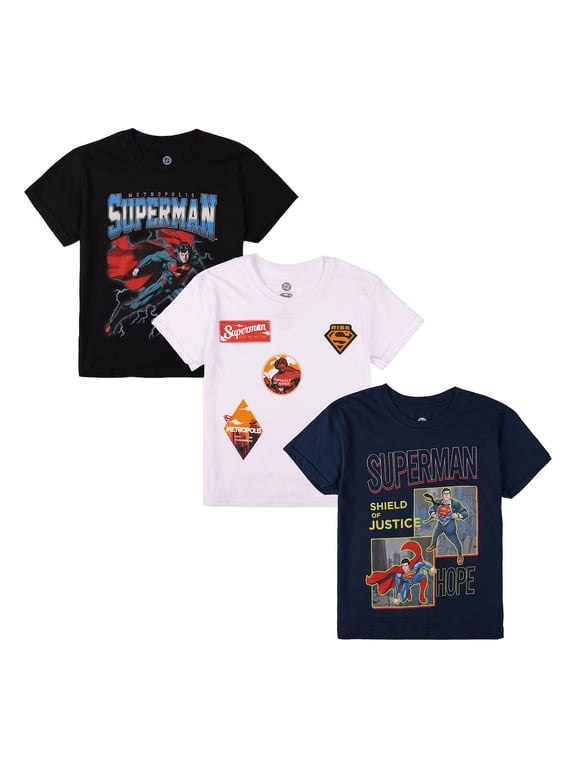 Superman Lightning Boy's 3-Pack Crew Neck Short Sleeve T-shirt Set-Large (10/12)