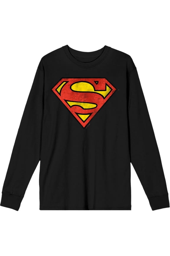 Superman Logo Adult Black Crew Neck Long Sleeve Tee-Large