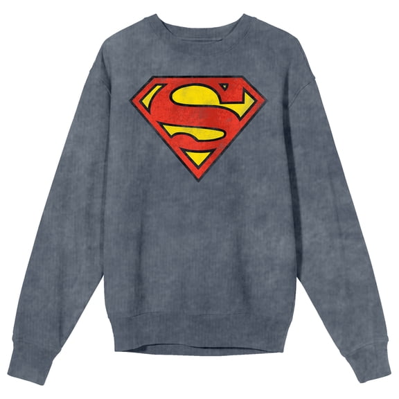 Superman Logo Adult Mineral Wash Dark Slate Crew Neck Long Sleeve Sweatshirt-Large
