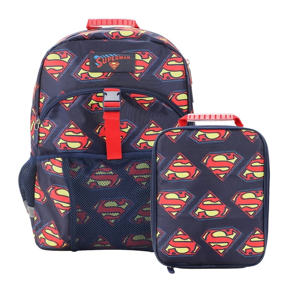 Superman Logo All-Over Print 16" Premium Backpack & Lunch Kit Set
