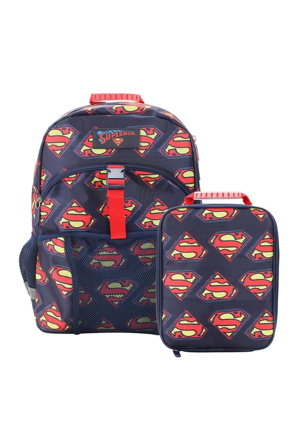 Superman Logo All-Over Print 16" Premium Backpack & Lunch Kit Set