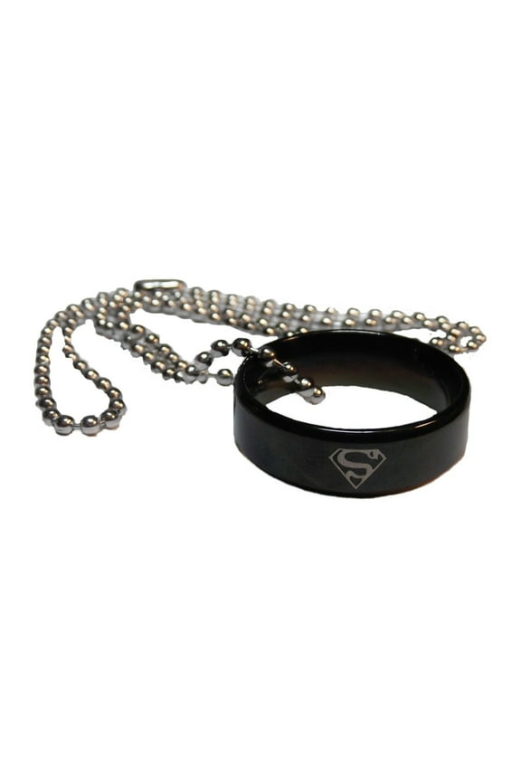 Superman Logo Black Stainless Steel Band Ring/Pendant w/ 18" Chain - Sz 13