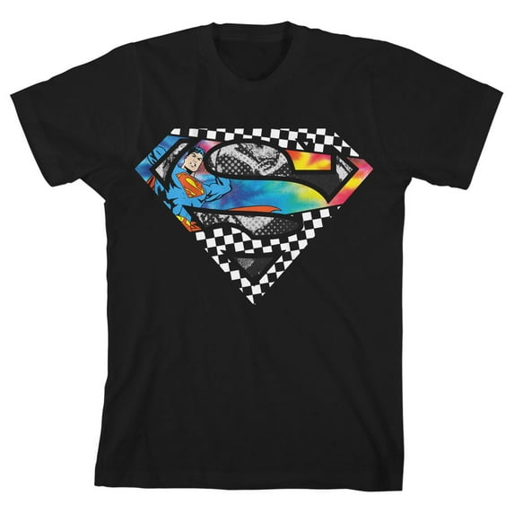 Superman Logo Checkered Comics Background Boy's Black T-shirt-S