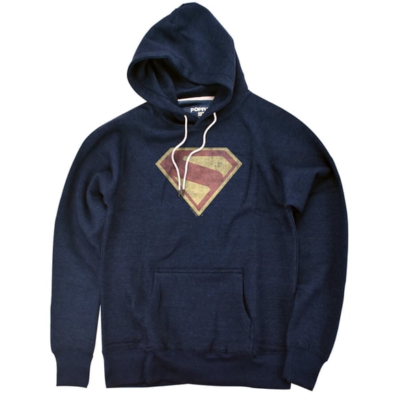 Superman Logo Full Color Distress Unisex Adult Slim Fit Pull-Over Heather Hoodie, Navy, Small