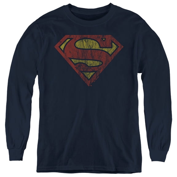 Superman - Logo Vintage Kids Long Sleeve T Shirt (Large) for Youth Boys and Girls, Navy