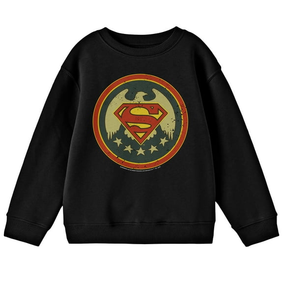 Superman Logo With American Eagle Seal Crew Neck Long Sleeve Youth Black Tee-Medium