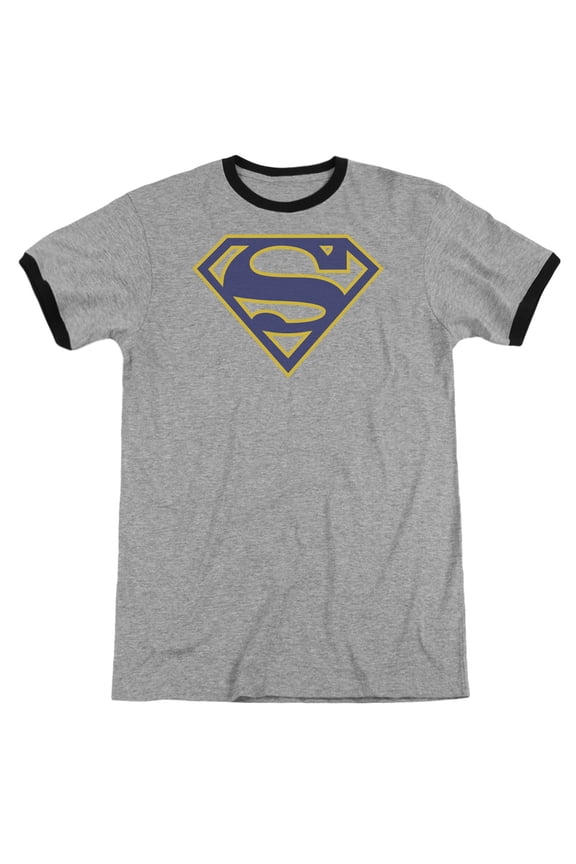 Superman Maize & Blue Shield Adult Ringer T-Shirt Heather Black