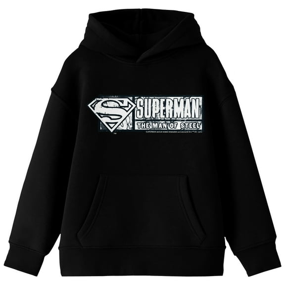 Superman Man Of Steel Stamp Long Sleeve Youth Black Hooded Sweatshirt-Medium