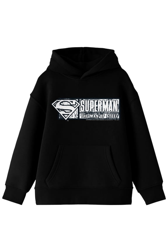 Superman Man Of Steel Stamp Long Sleeve Youth Black Hooded Sweatshirt-XL