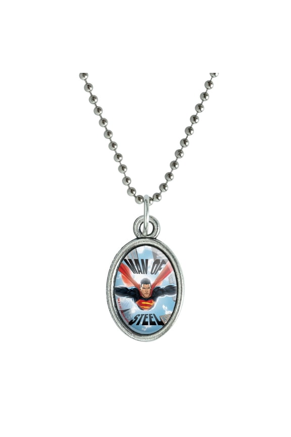 Superman Man of Steel Antiqued Oval Charm Pendant with Chain