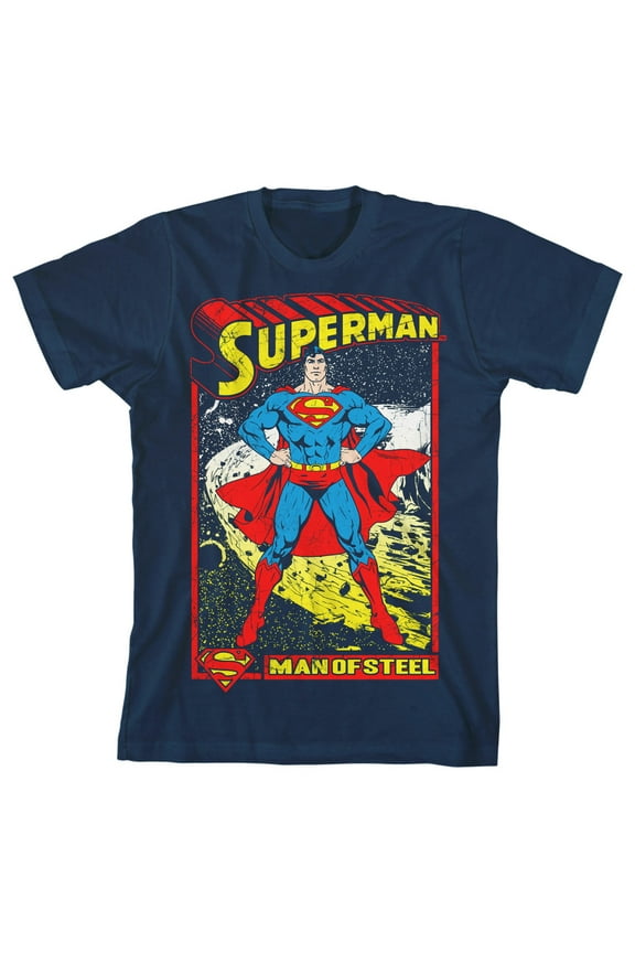 Superman Man of Steel Comic Art Boy's Navy T-shirt-XL