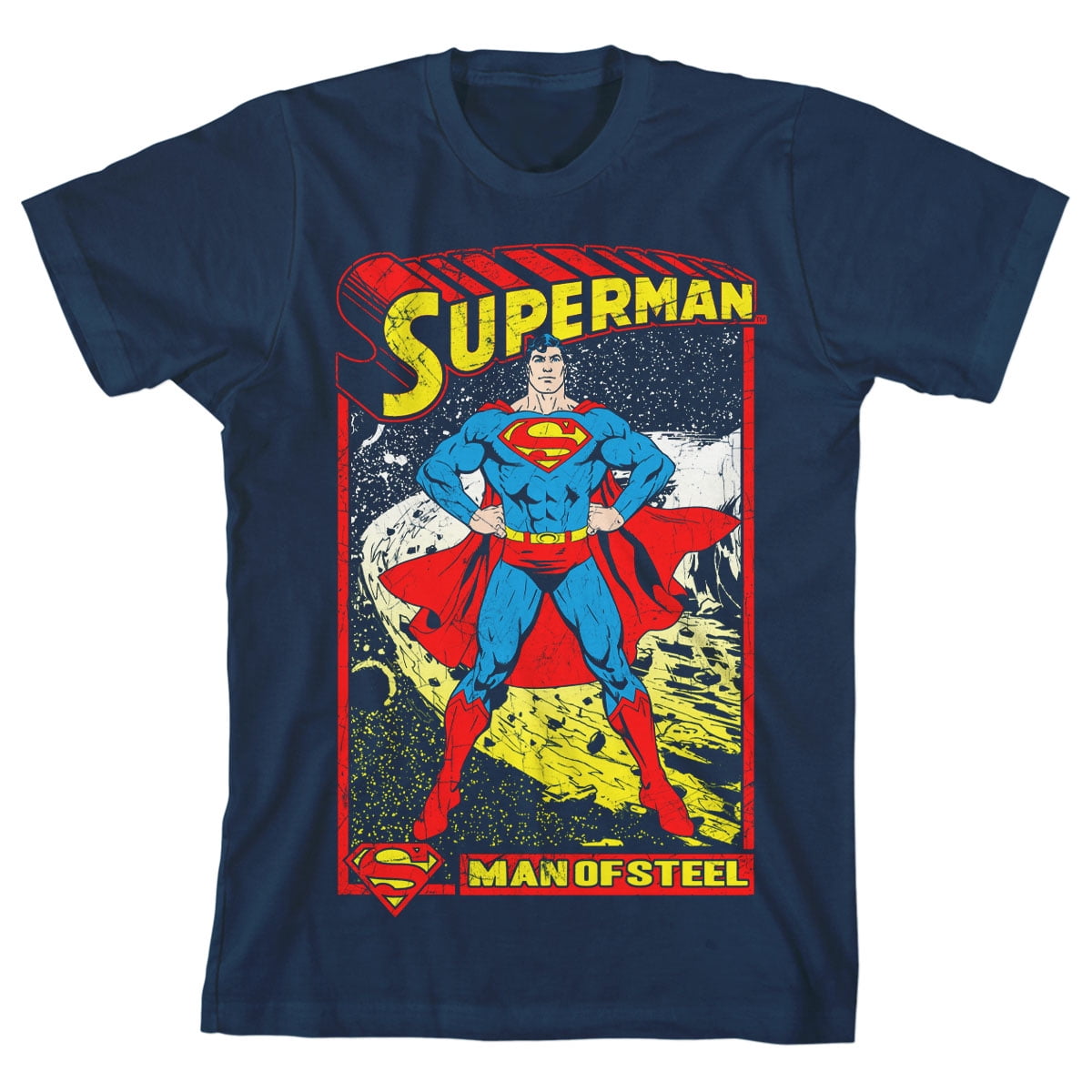Superman Man of Steel Comic Book Art Boy's Navy T-shirt-Large
