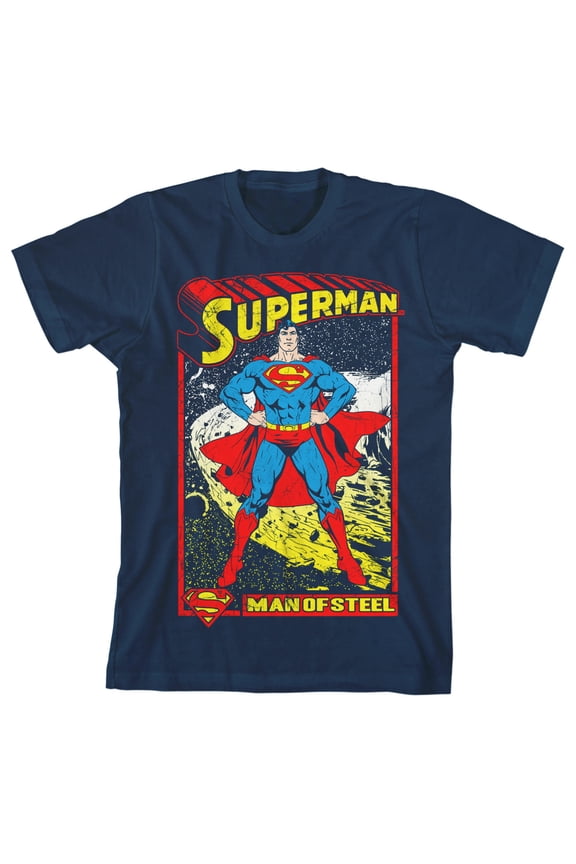 Superman Man of Steel Comic Book Art Boy's Navy T-shirt-Medium