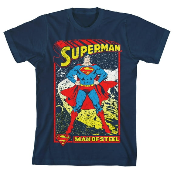 Superman Man of Steel Comic Book Art Boy's Navy T-shirt-XL