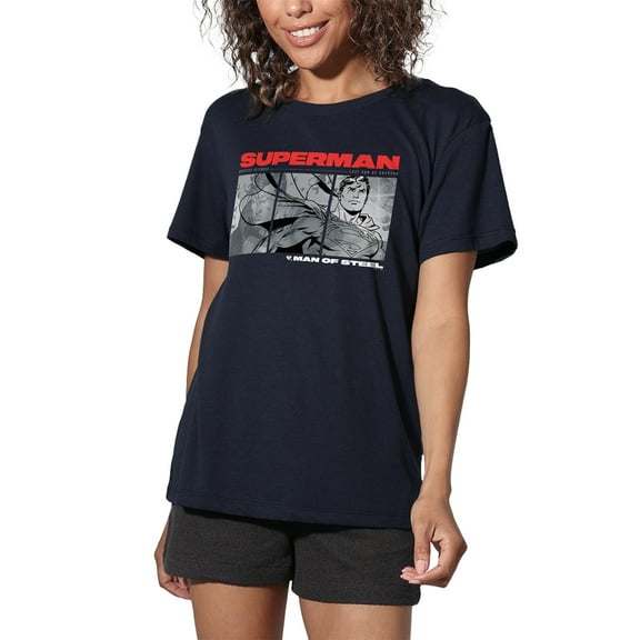 Superman Man of Steel Comic Women's Loose T-Shirt, Navy, Small