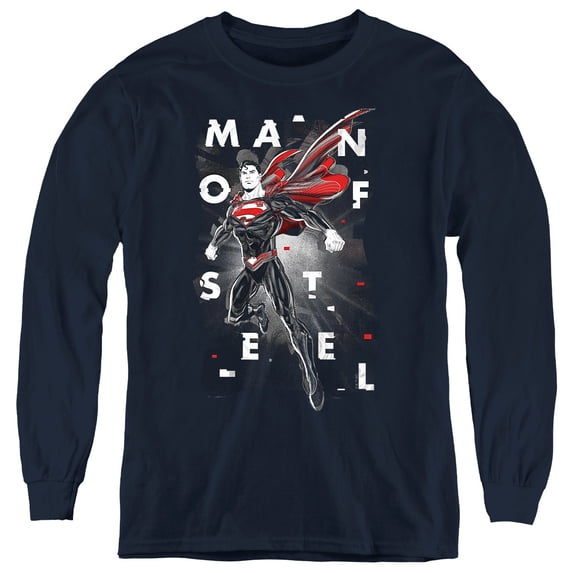 Superman Man of Steel Poster Youth Long Sleeve T Shirt, Navy, Small