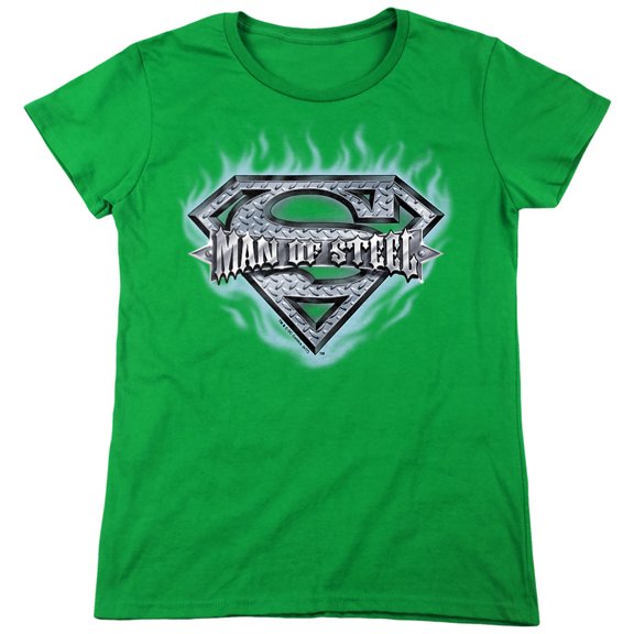 Superman Man of Steel Shield Women's T Shirt, Kelly Green, 2X-Large