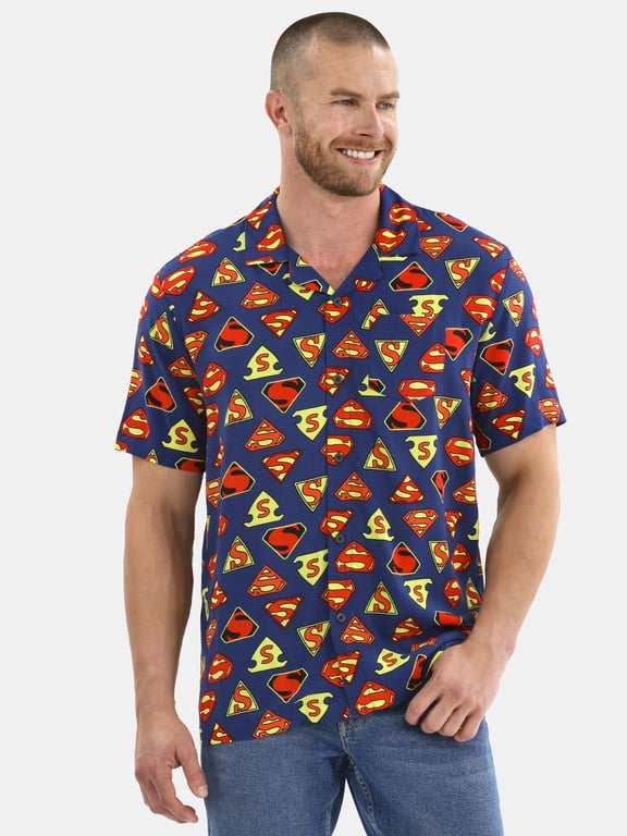 Superman Men's & Big Men's Graphic Timeline Logos Button-Up Shirt, Sizes S-3XL