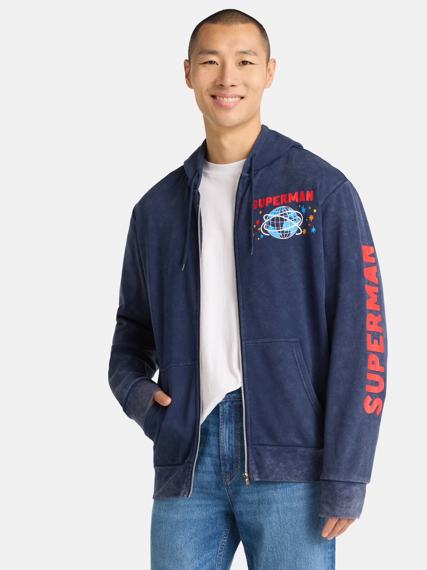 Superman Men's and Big Men's Mineral Wash Graphic Zip Hoodie, Sizes S-3XL