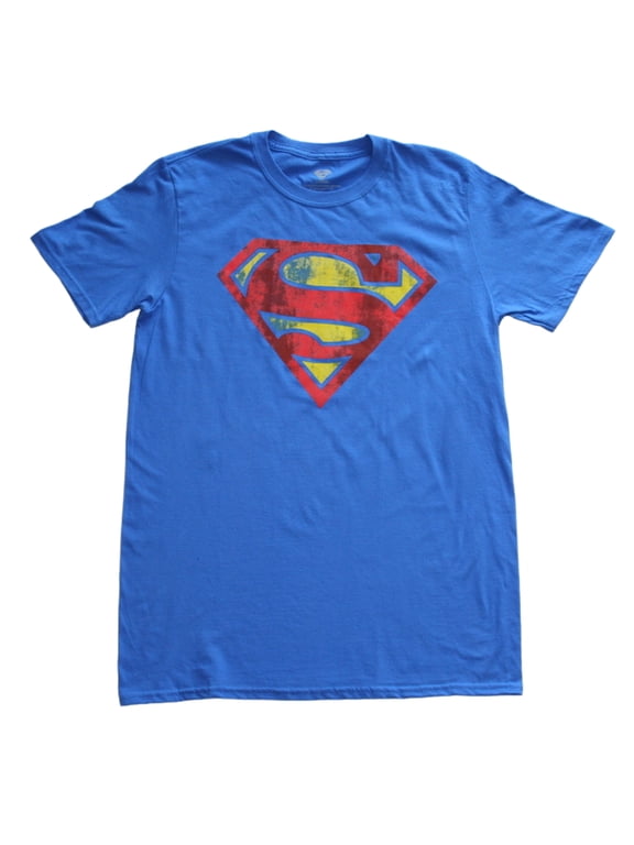 Superman Men's Blue T-Shirt with Yellow Distressing in the Logo - M