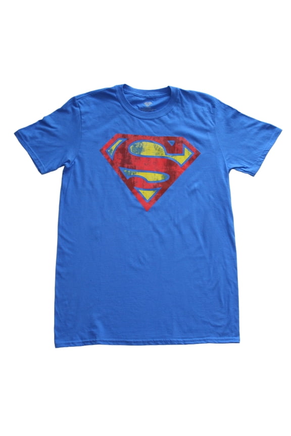 Superman Men's Blue T-Shirt with Yellow Distressing in the Logo - M