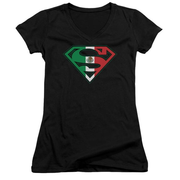 Superman Mexican Flag Shield Junior Women's V-Neck T-Shirt Black