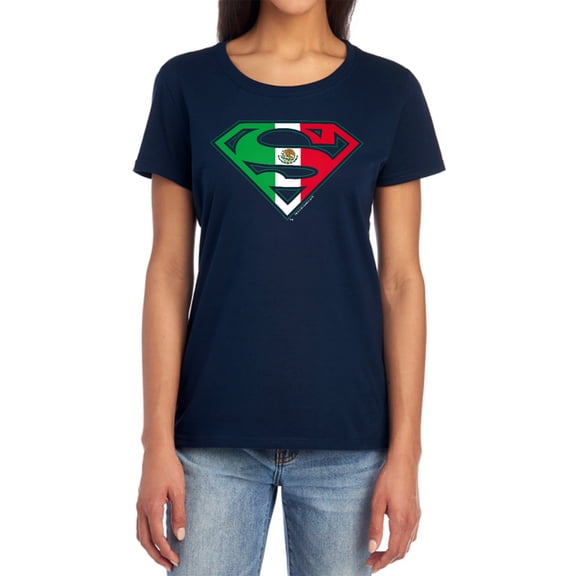 Superman Mexican Flag Shield Women's T Shirt, Navy, Small