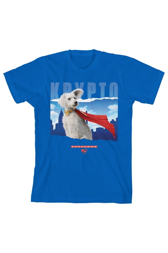 Superman Movie 2025 Krypto, Cityscape, Logo icon on Royal Kids T-Shirt-XS