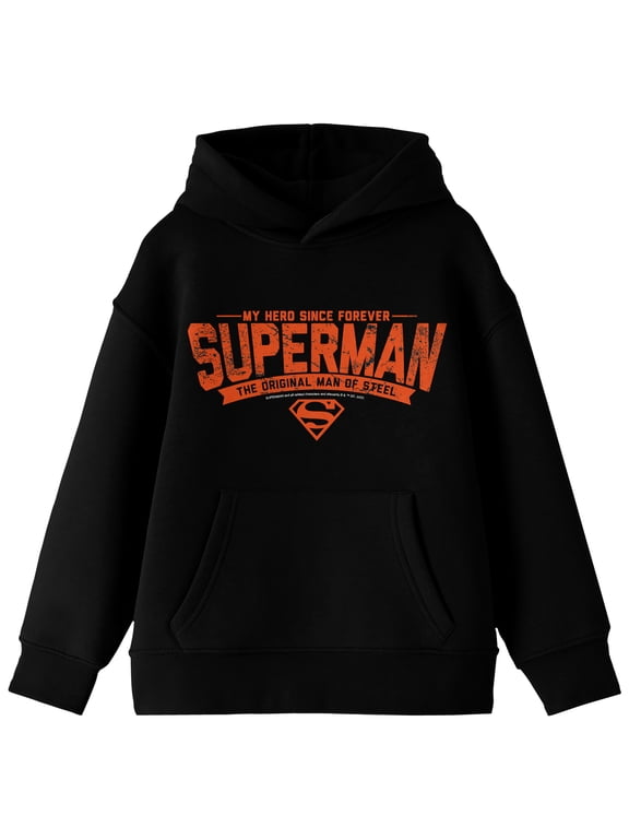 Superman My Hero Since Forever Long Sleeve Youth Black Hooded Sweatshirt-Large
