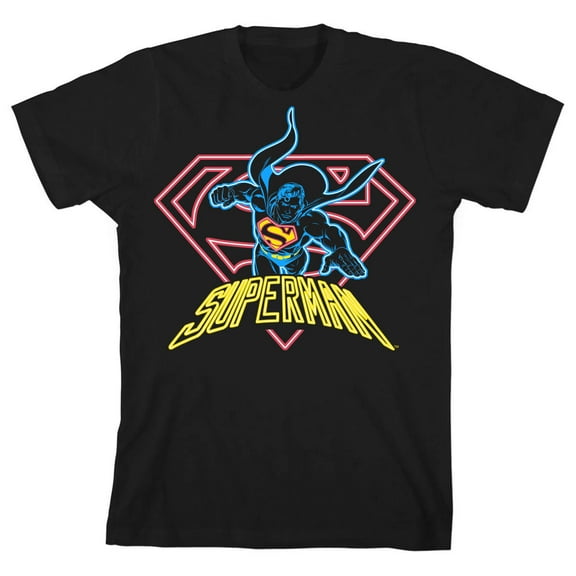 Superman Neon Art Youth Black Graphic Tee-Medium