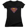 thumbnail image 1 of Superman Neon Distress Logo Junior Women's V-Neck T-Shirt Black, 1 of 1