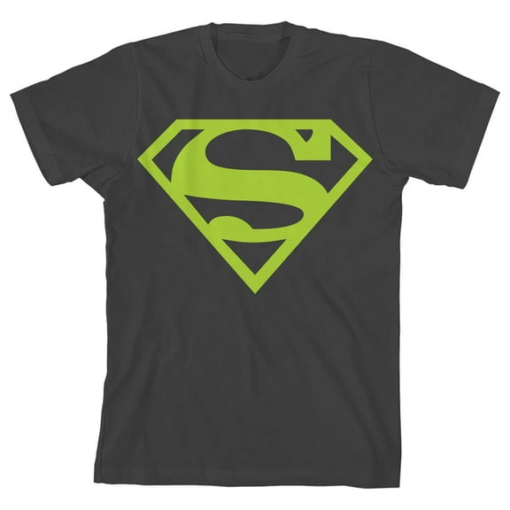 Superman Neon Green Logo Boy's Charcoal T-shirt-XS