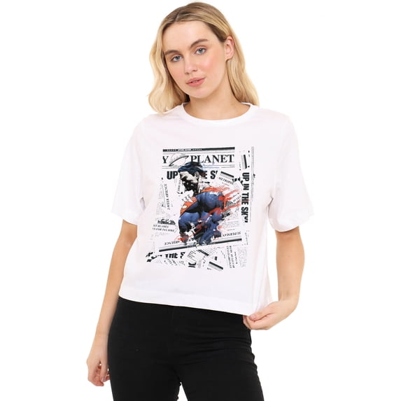 Superman Newspaper Watercolor Women's Boxy Cropped T-Shirt Casual Graphic Tee
