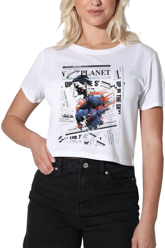 Superman Newspaper Watercolor Women's Crop Top T-Shirt, White, Medium