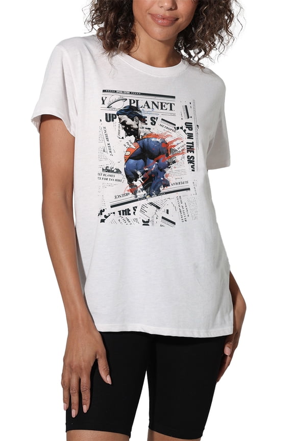 Superman Newspaper Watercolor Women's Loose T-Shirt, White, 2X-Large