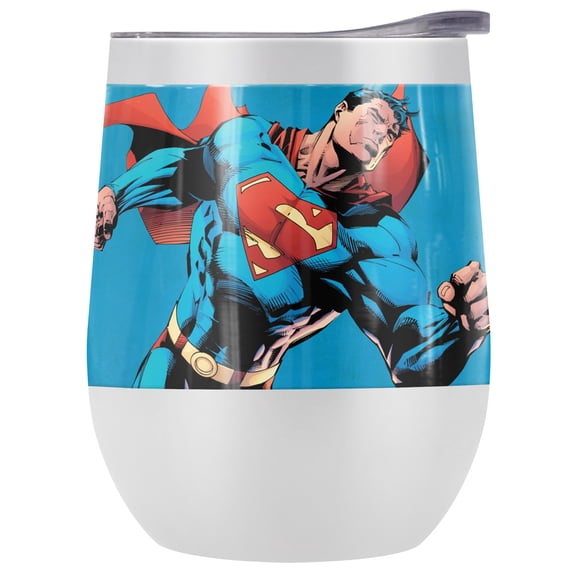 Superman Official Character 12 OZ Stemless Wine Tumbler, Stainless Steel Travel Cup|Lake Tumbler|Insulated with Leak Resistant Slide-Lock Lid, White
