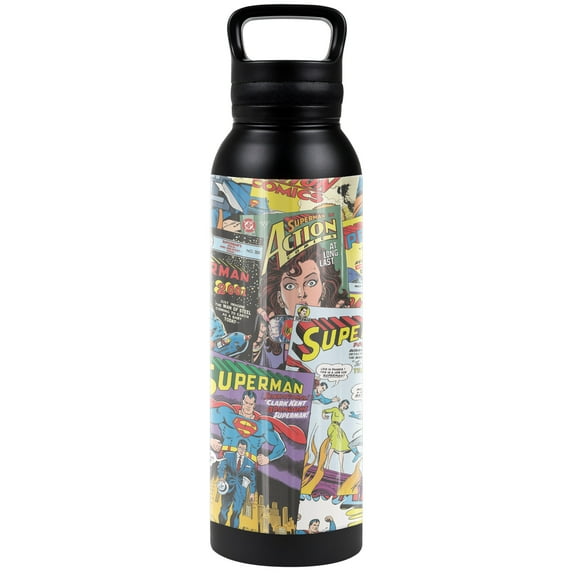 Superman Official Comic Covers 24 oz Insulated Canteen Water Bottle, Leak Resistant, Vacuum Insulated Stainless Steel with Loop Cap, Black