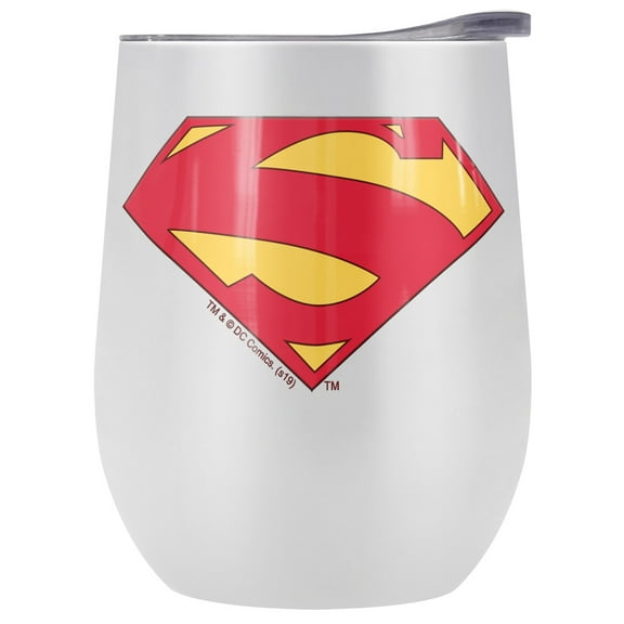 Superman Official Superman New 52 Shield Logo Pattern 12 OZ Stemless Wine Tumbler, Stainless Steel Travel Cup|Lake Tumbler|Insulated with Leak Resistant Slide-Lock Lid, White