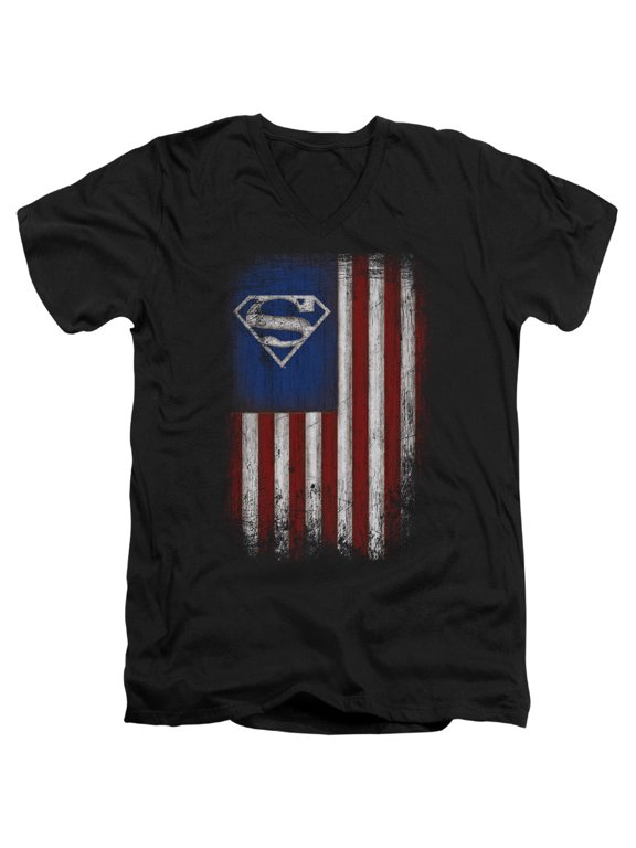 Superman Old Glory Shield Adult V-Neck T-Shirt 30/1 T-Shirt Black