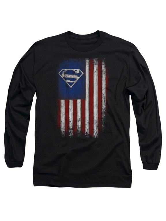 Superman Old Glory Shield Long Sleeve Adult 18/1 T-Shirt Black